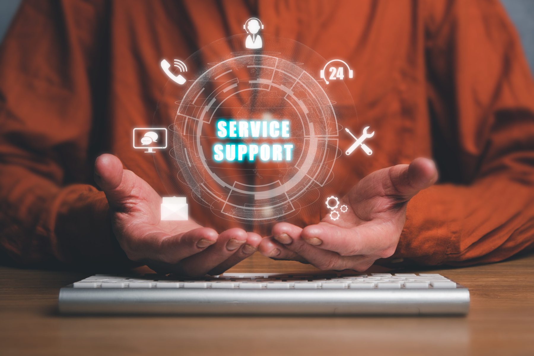 service customer support concept young man hand holding service support icon vr screen business technology concept scaled