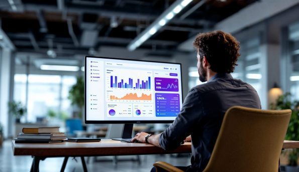 man is working computer with graph screen scaled